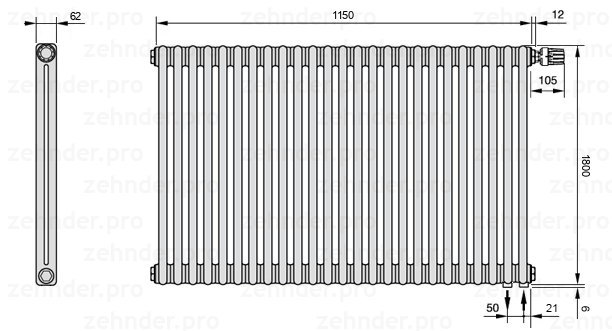 Схема (чертеж) Радиатор Zehnder Charleston 2180/25 №V002 Technoline TL